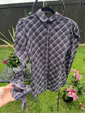 Veronica Beard Plaid Tie Sleeve Puff Shoulder Button Front Blouse Size 6